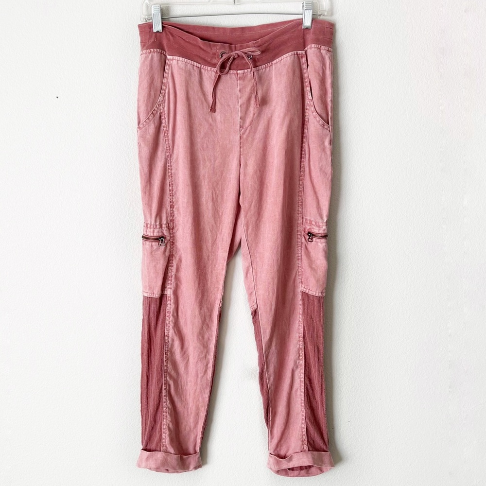 SOFT SURROUNDINGS LINEN CARGO PINK COLOR BLOCK DRAWSTRING CUFFED PANTS T…